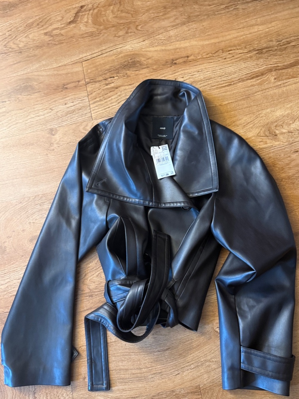 Mango dark brown Faux Leather Crop trench Jacket with Self-Tie Belt